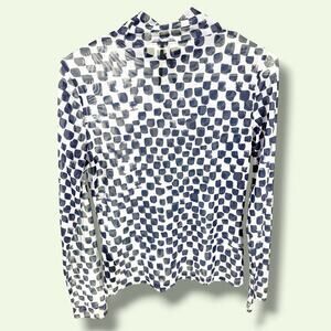 By Anthropologie Mesh Turtleneck Top Women's S Blue White Geometric Print Sheer